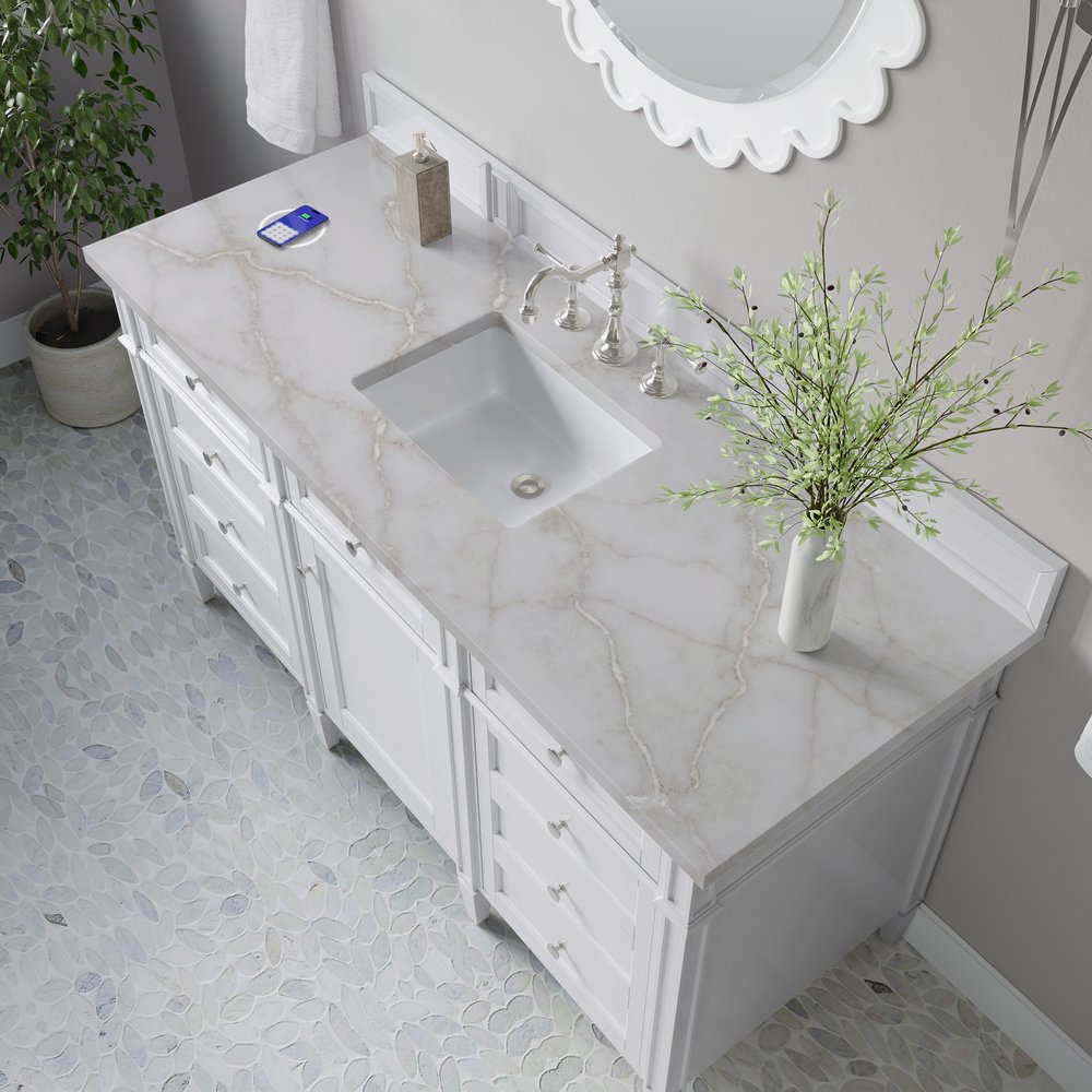 James Martin - Brittany 60" Single Vanity, Bright White w/ 3 CM Victorian Silver Silestone Top w/FreePower Wireless Charger - 655-V60S-BW-FVSL view 8