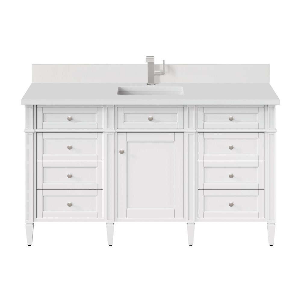 James Martin - Brittany 60" Single Vanity, Bright White w/ Single Hole 3 CM White Zeus Silestone Top & Backsplash - 655-V60S-BW-1WZ view 1