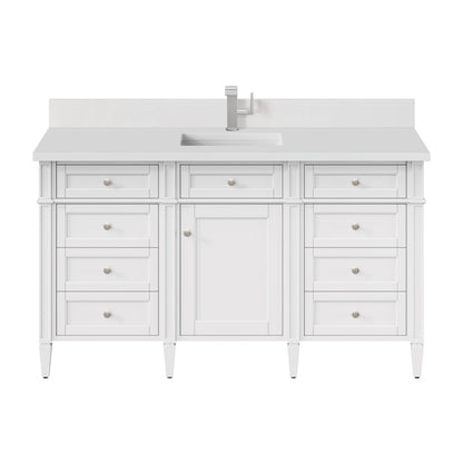 James Martin - Brittany 60" Single Vanity, Bright White w/ Single Hole 3 CM White Zeus Silestone Top & Backsplash - 655-V60S-BW-1WZ view 1