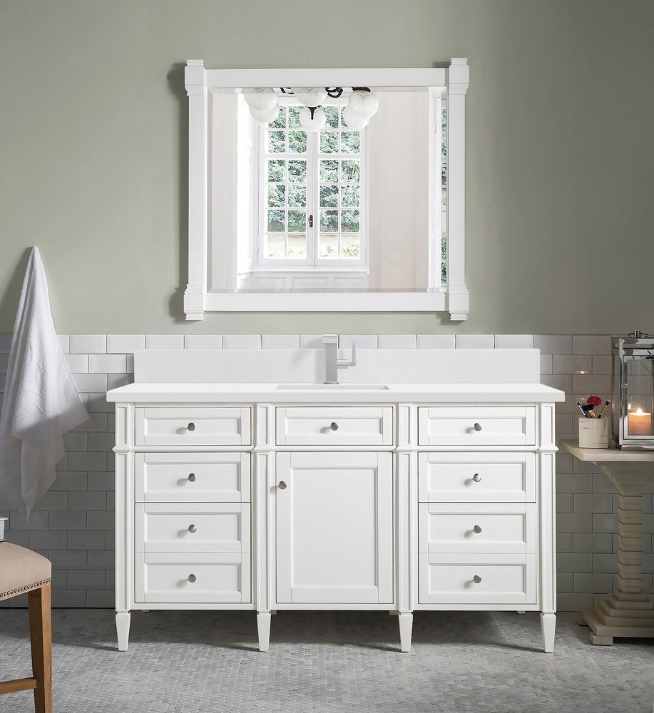 James Martin - Brittany 60" Single Vanity, Bright White w/ Single Hole 3 CM White Zeus Silestone Top & Backsplash - 655-V60S-BW-1WZ view 3