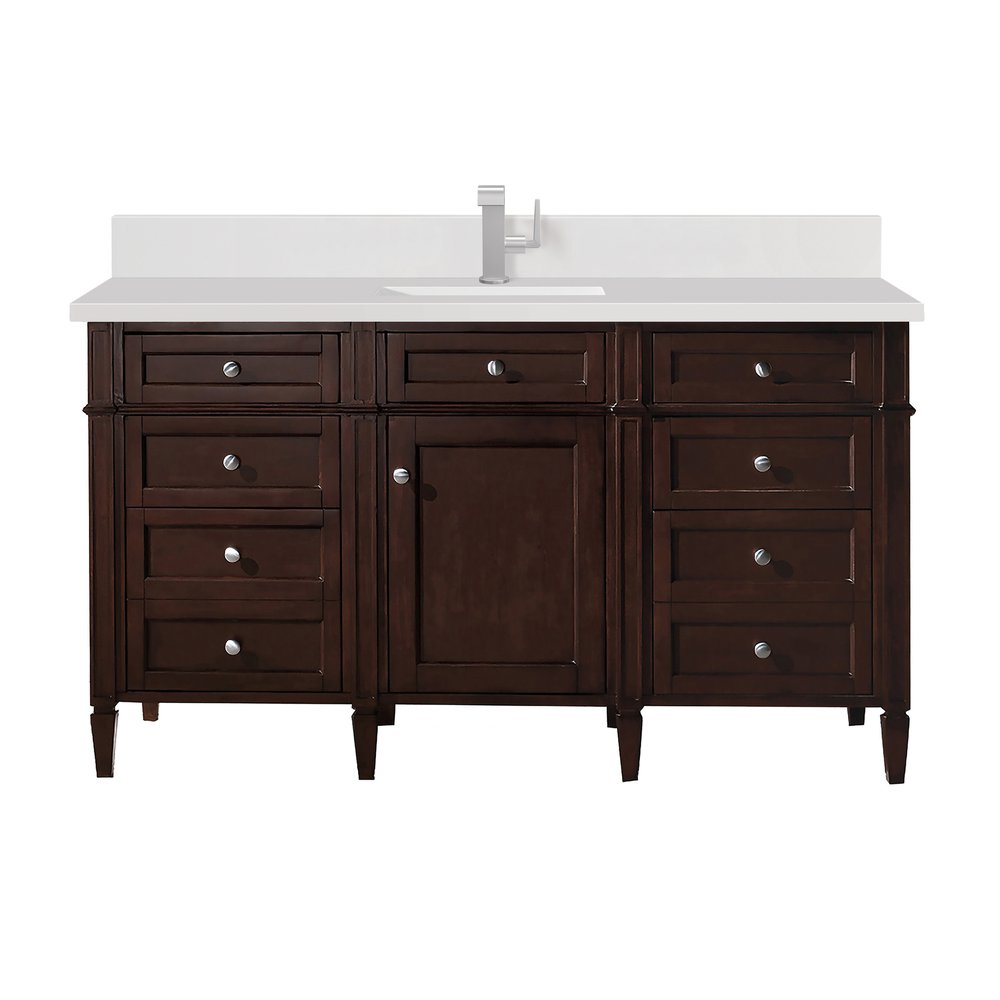 James Martin - Brittany 60" Single Vanity, Burnished Mahogany w/ Single Hole 3 CM White Zeus Silestone Top & Backsplash - 650-V60S-BNM-1WZ view 1