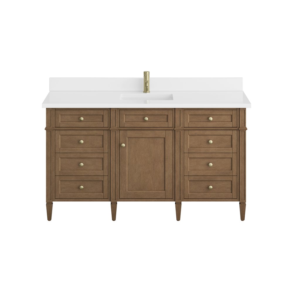 James Martin - Brittany 60" Single Vanity, Pecan w/ Single Hole 3 CM White Zeus Silestone Top and Matching Backsplash - 655-V60S-PCN-1WZ view 1