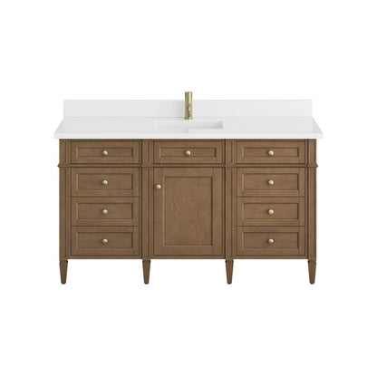 James Martin - Brittany 60" Single Vanity, Pecan w/ Single Hole 3 CM White Zeus Silestone Top and Matching Backsplash - 655-V60S-PCN-1WZ view 1