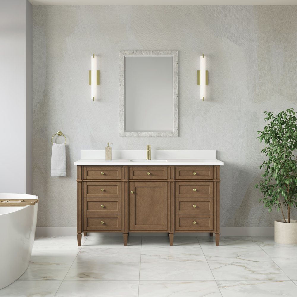 James Martin - Brittany 60" Single Vanity, Pecan w/ Single Hole 3 CM White Zeus Silestone Top and Matching Backsplash - 655-V60S-PCN-1WZ view 3