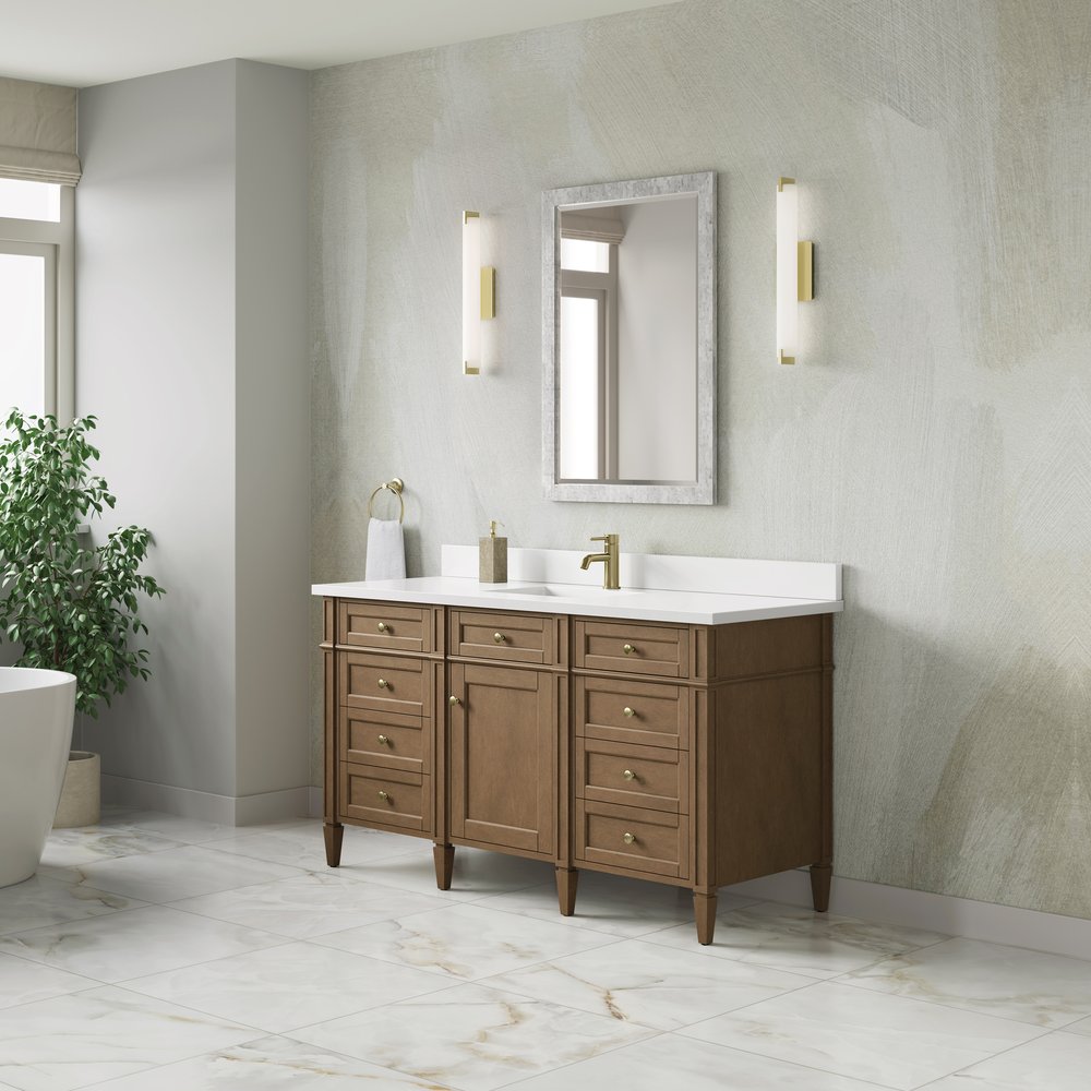 James Martin - Brittany 60" Single Vanity, Pecan w/ Single Hole 3 CM White Zeus Silestone Top and Matching Backsplash - 655-V60S-PCN-1WZ view 4