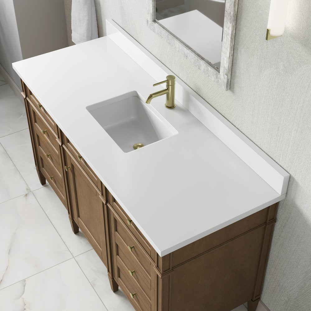 James Martin - Brittany 60" Single Vanity, Pecan w/ Single Hole 3 CM White Zeus Silestone Top and Matching Backsplash - 655-V60S-PCN-1WZ view 7