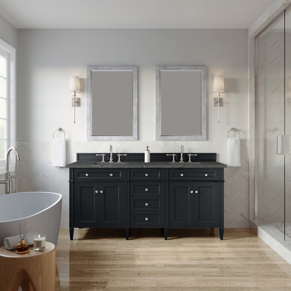 James Martin - Brittany 72" Double Vanity, Black Onyx w/ 3 CM Parisien Bleu Silestone Top - 650-V72-BKO-3PBL view 3