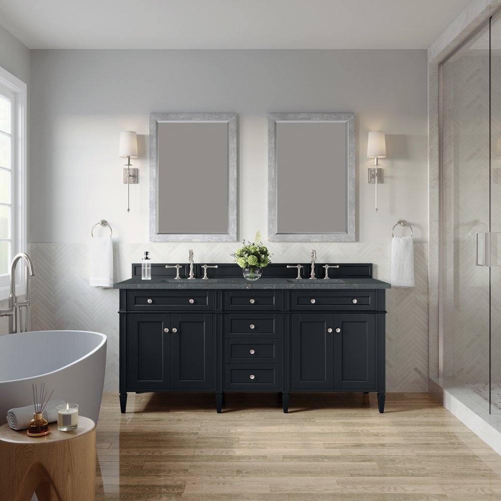 James Martin - Brittany 72" Double Vanity, Black Onyx w/ 3 CM Parisien Bleu Silestone Top w/FreePower Wireless Charger - 650-V72-BKO-FPBL view 4