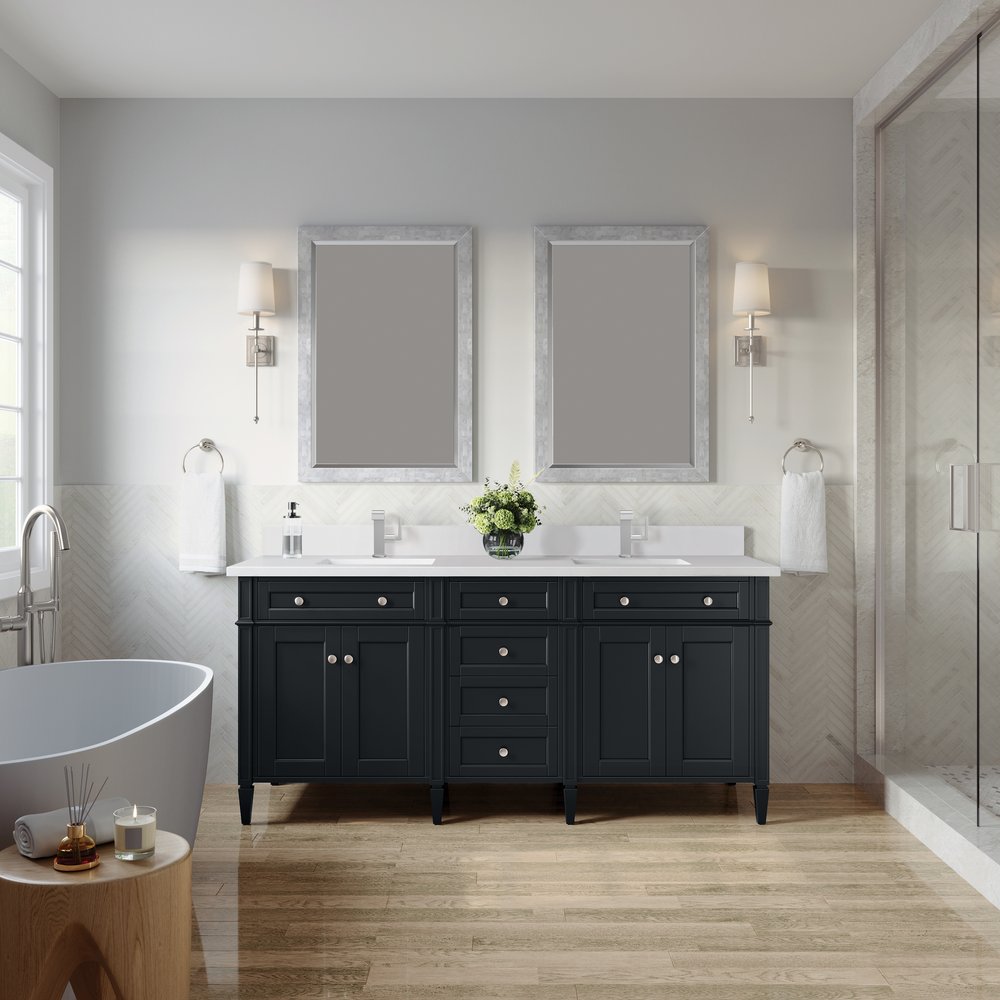 James Martin - Brittany 72" Double Vanity, Black Onyx w/ Single Hole 3 CM White Zeus Silestone Top & Backsplash - 650-V72-BKO-1WZ view 3