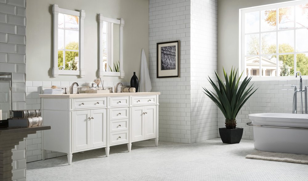 James Martin - Brittany 72" Double Vanity, Bright White Vanity w/ 3 CM Eternal Marfil Silestone Top - 655-V72-BW-3EMR view 4