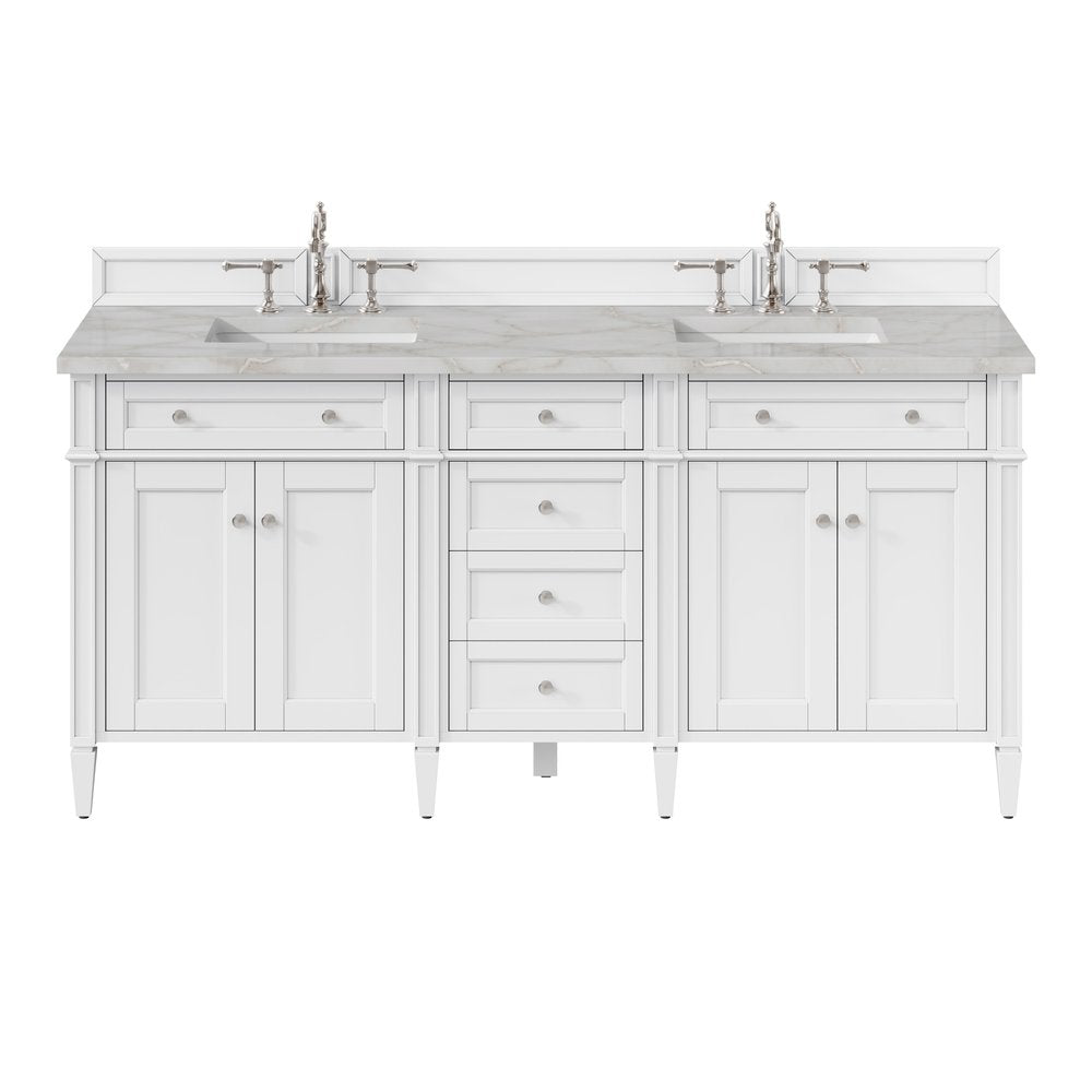 James Martin - Brittany 72" Double Vanity, Bright White Vanity w/ 3 CM Victorian Silver Silestone Top - 655-V72-BW-3VSL view 1