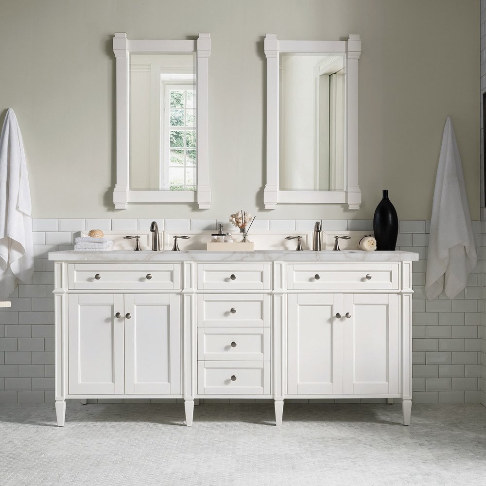 James Martin - Brittany 72" Double Vanity, Bright White Vanity w/ 3 CM Victorian Silver Silestone Top w/FreePower Wireless Charger - 655-V72-BW-FVSL view 4