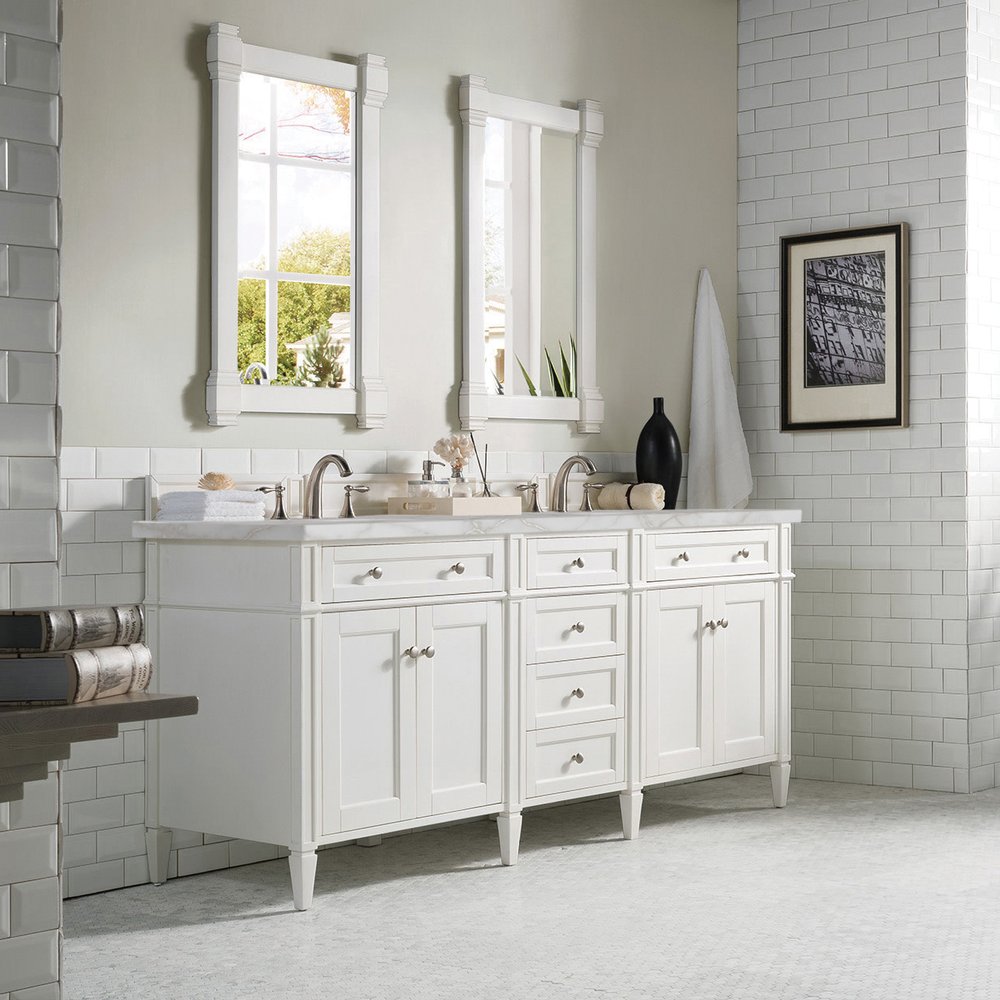 James Martin - Brittany 72" Double Vanity, Bright White Vanity w/ 3 CM Victorian Silver Silestone Top w/FreePower Wireless Charger - 655-V72-BW-FVSL view 5