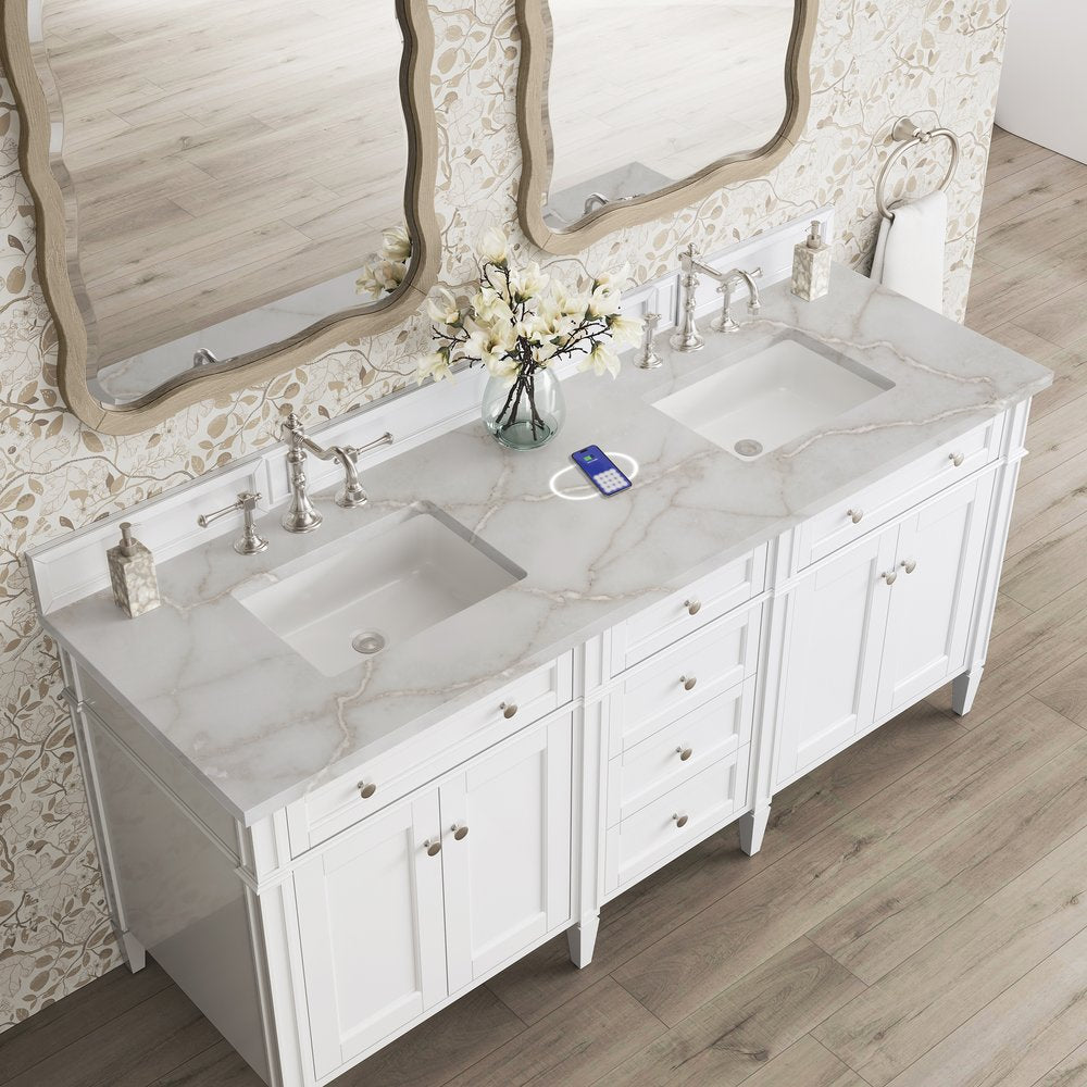 James Martin - Brittany 72" Double Vanity, Bright White Vanity w/ 3 CM Victorian Silver Silestone Top w/FreePower Wireless Charger - 655-V72-BW-FVSL view 8