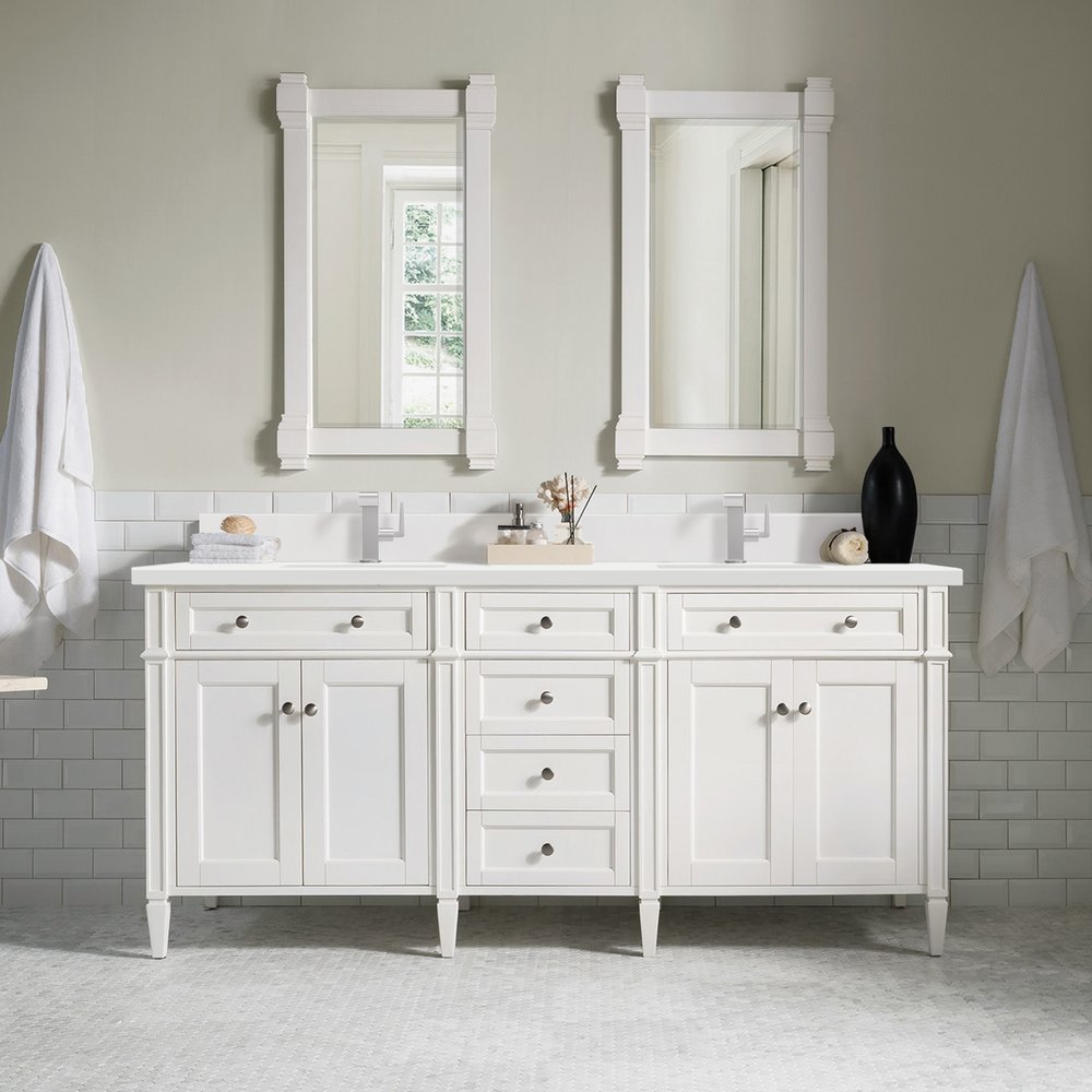 James Martin - Brittany 72" Double Vanity, Bright White Vanity w/ Single Hole 3 CM White Zeus Silestone Top & Backsplash - 655-V72-BW-1WZ view 4