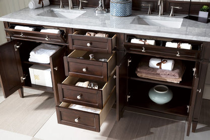 James Martin - Brittany 72" Double Vanity, Burnished Mahogany w/ 3 CM Carrara Marble Top - 650-V72-BNM-3CAR view 5