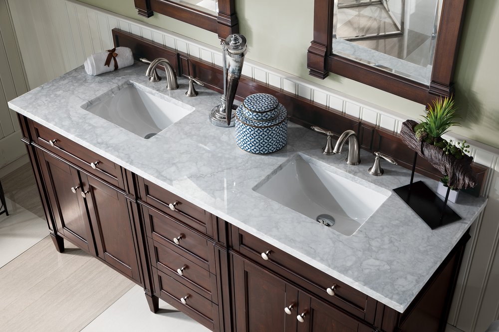 James Martin - Brittany 72" Double Vanity, Burnished Mahogany w/ 3 CM Carrara Marble Top - 650-V72-BNM-3CAR view 6