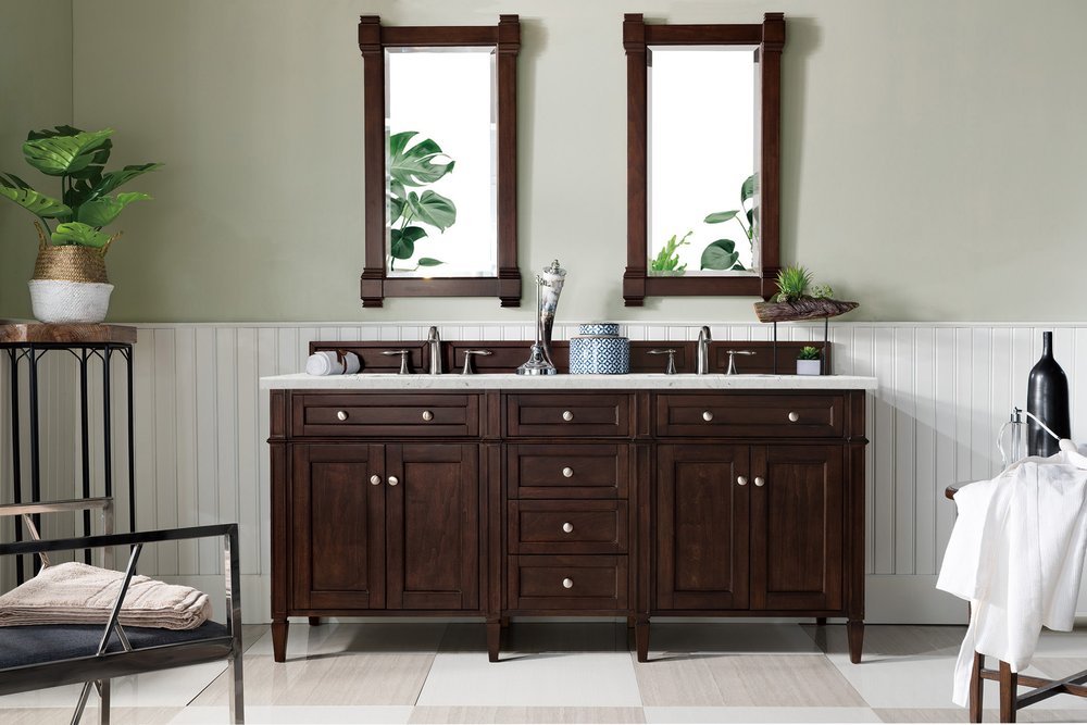 James Martin - Brittany 72" Double Vanity, Burnished Mahogany w/ 3 CM Eternal Jasmine Pearl Silestone Top w/FreePower Wireless Charger - 650-V72-BNM-FEJP view 4
