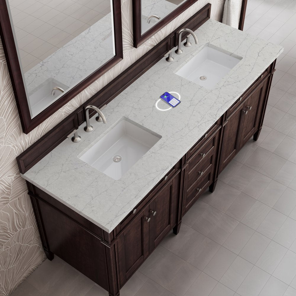 James Martin - Brittany 72" Double Vanity, Burnished Mahogany w/ 3 CM Eternal Jasmine Pearl Silestone Top w/FreePower Wireless Charger - 650-V72-BNM-FEJP view 8