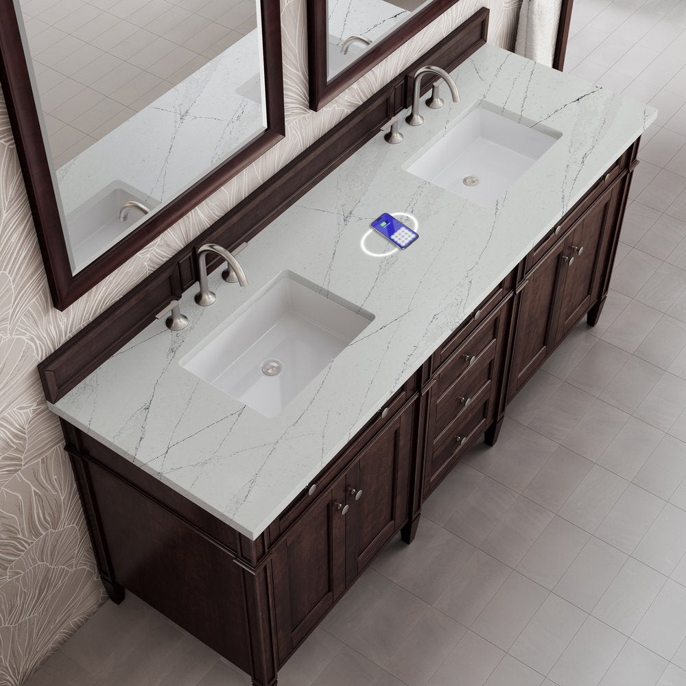 James Martin - Brittany 72" Double Vanity, Burnished Mahogany w/ 3 CM Ethereal Noctis Silestone Top w/FreePower Wireless Charger - 650-V72-BNM-FENC view 8