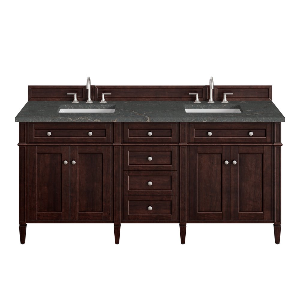 James Martin - Brittany 72" Double Vanity, Burnished Mahogany w/ 3 CM Parisien Bleu Silestone Top - 650-V72-BNM-3PBL view 1
