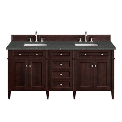 James Martin - Brittany 72" Double Vanity, Burnished Mahogany w/ 3 CM Parisien Bleu Silestone Top - 650-V72-BNM-3PBL view 1