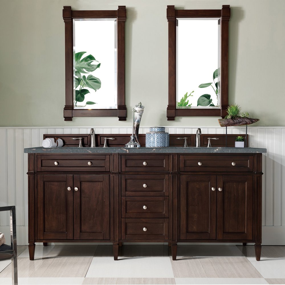 James Martin - Brittany 72" Double Vanity, Burnished Mahogany w/ 3 CM Parisien Bleu Silestone Top w/FreePower Wireless Charger - 650-V72-BNM-FPBL view 4