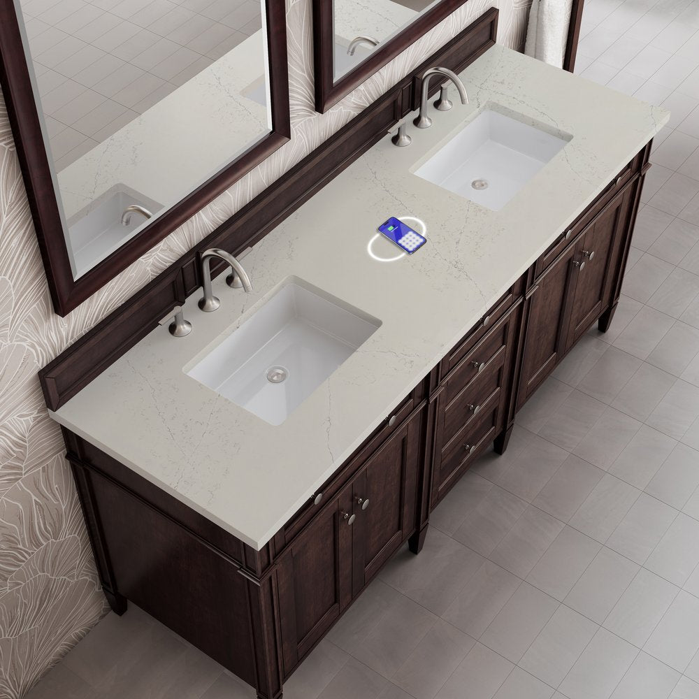 James Martin - Brittany 72" Double Vanity, Burnished Mahogany, w/ 3 CM Siberian Silestone Top w/FreePower Wireless Charger - 650-V72-BNM-FSFR view 6