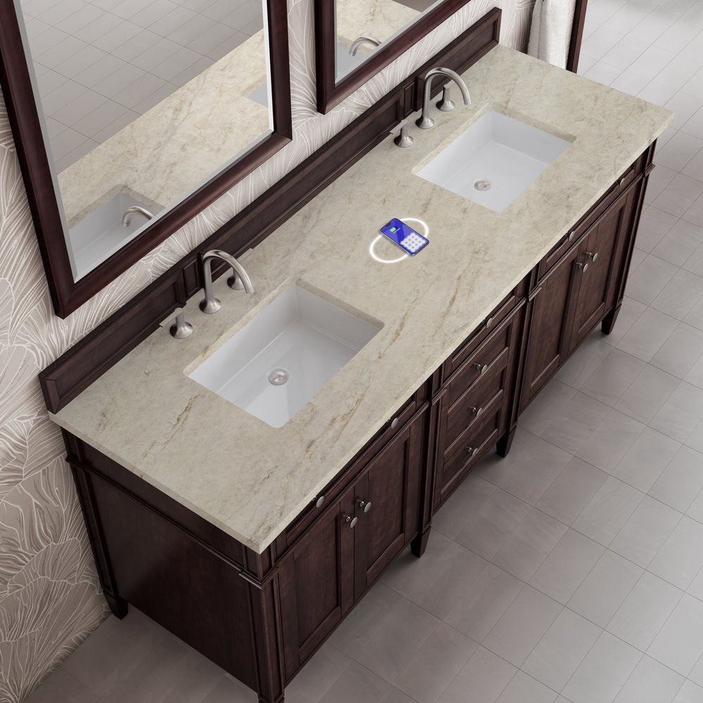 James Martin - Brittany 72" Double Vanity, Burnished Mahogany, w/ 3 CM Tajnar Eclos Top w/FreePower Wireless Charger - 650-V72-BNM-FTJR view 6