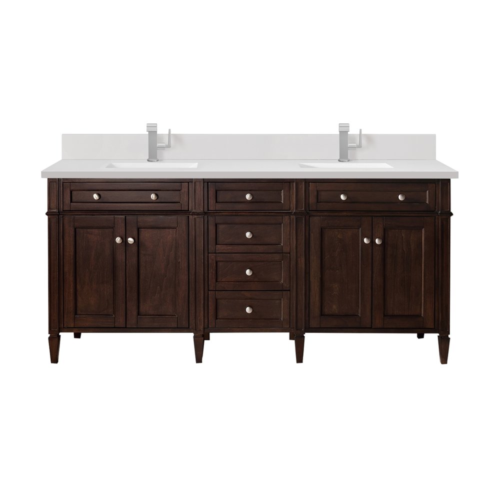 James Martin - Brittany 72" Double Vanity, Burnished Mahogany w/ Single Hole 3 CM White Zeus Silestone Top & Backsplash - 650-V72-BNM-1WZ view 1