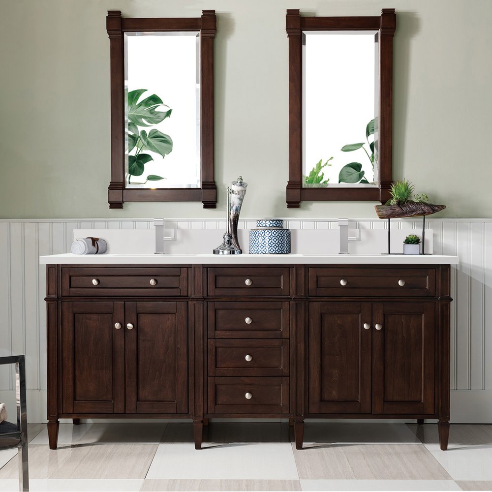 James Martin - Brittany 72" Double Vanity, Burnished Mahogany w/ Single Hole 3 CM White Zeus Silestone Top & Backsplash - 650-V72-BNM-1WZ view 3