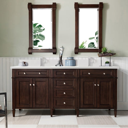 James Martin - Brittany 72" Double Vanity, Burnished Mahogany w/ Single Hole 3 CM White Zeus Silestone Top & Backsplash - 650-V72-BNM-1WZ view 3