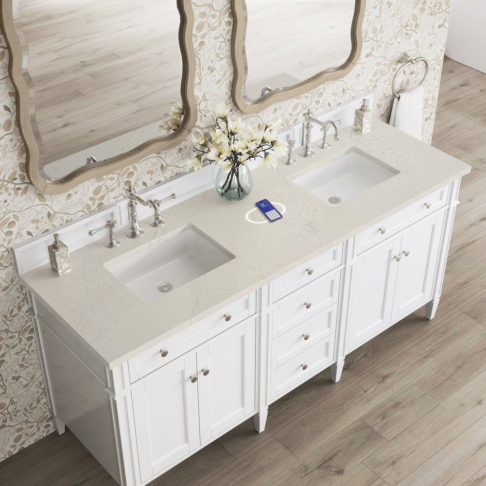 James Martin - Brittany 72" Double Vanity in Bright White, w/ 3 CM Siberian Silestone Top w/FreePower Wireless Charger - 655-V72-BW-FSFR view 6