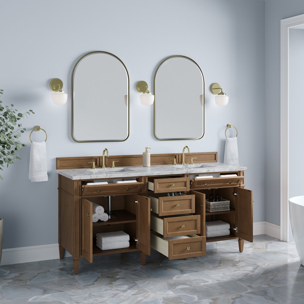 James Martin - Brittany 72" Double Vanity, Pecan w/ 3 CM Carrara Marble Top - 655-V72-PCN-3CAR view 5