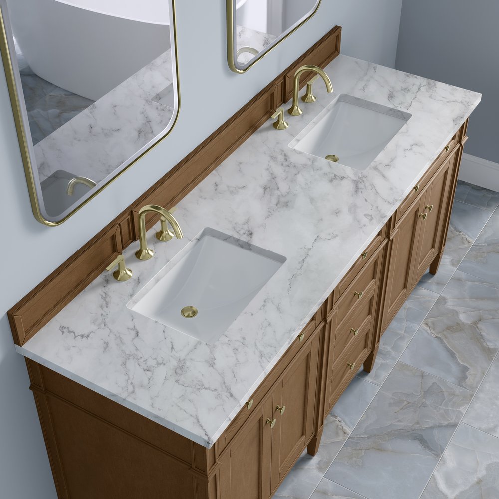 James Martin - Brittany 72" Double Vanity, Pecan w/ 3 CM Carrara Marble Top - 655-V72-PCN-3CAR view 8