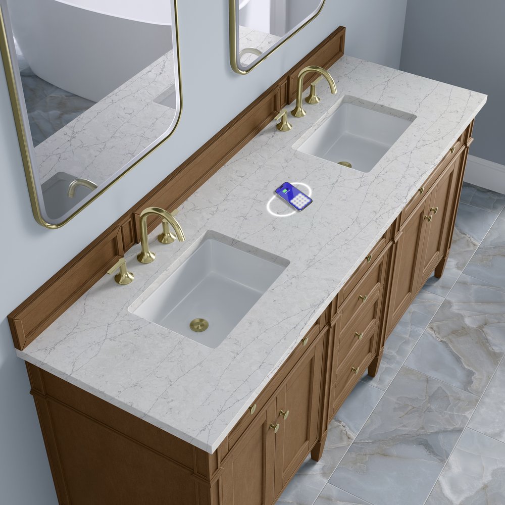 James Martin - Brittany 72" Double Vanity, Pecan w/ 3 CM Eternal Jasmine Pearl Silestone Top w/FreePower Wireless Charger - 655-V72-PCN-FEJP view 8
