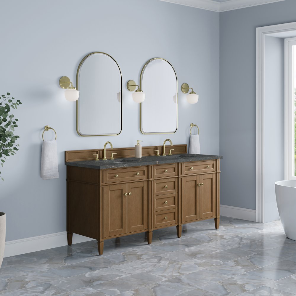 James Martin - Brittany 72" Double Vanity, Pecan w/ 3 CM Parisien Bleu Silestone Top w/FreePower Wireless Charger - 655-V72-PCN-FPBL view 4