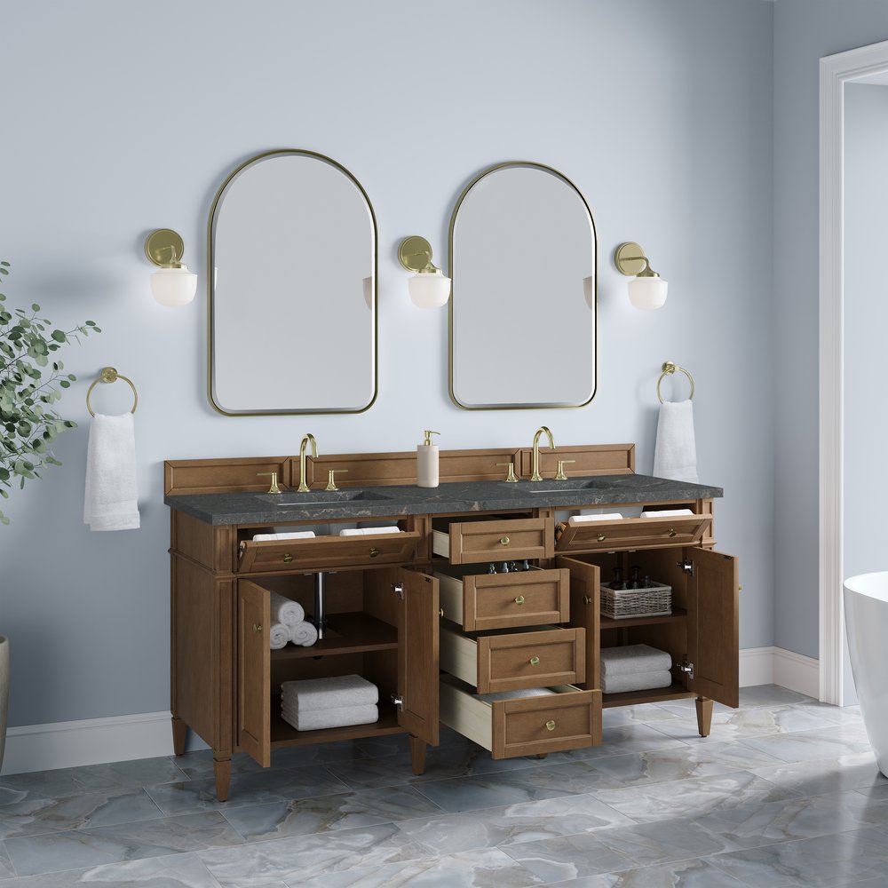 James Martin - Brittany 72" Double Vanity, Pecan w/ 3 CM Parisien Bleu Silestone Top w/FreePower Wireless Charger - 655-V72-PCN-FPBL view 5