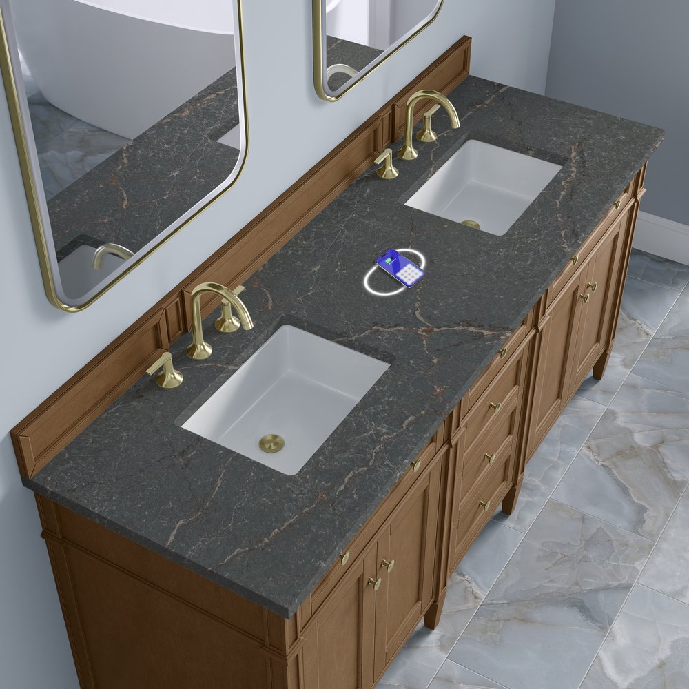 James Martin - Brittany 72" Double Vanity, Pecan w/ 3 CM Parisien Bleu Silestone Top w/FreePower Wireless Charger - 655-V72-PCN-FPBL view 8