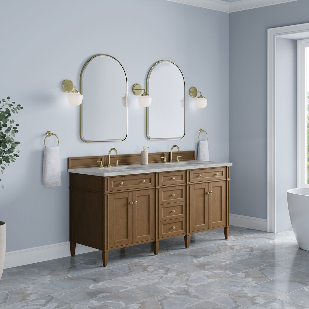 James Martin - Brittany 72" Double Vanity, Pecan w/ 3 CM Victorian Silver Silestone Top w/FreePower Wireless Charger - 655-V72-PCN-FVSL view 4