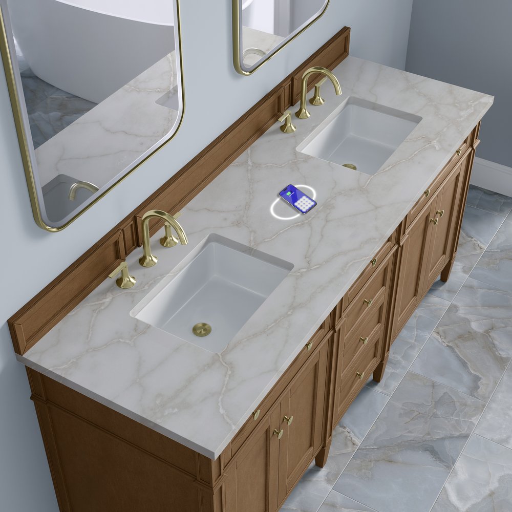 James Martin - Brittany 72" Double Vanity, Pecan w/ 3 CM Victorian Silver Silestone Top w/FreePower Wireless Charger - 655-V72-PCN-FVSL view 8