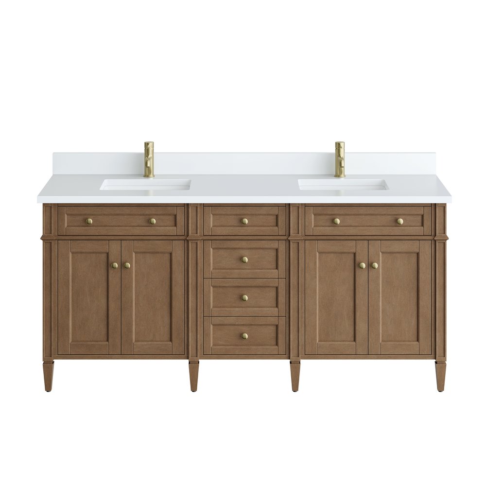 James Martin - Brittany 72" Double Vanity, Pecan w/ Single Hole 3 CM White Zeus Silestone Top and Matching Backsplash - 655-V72-PCN-1WZ view 1