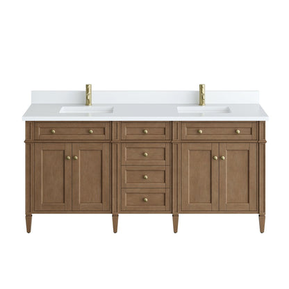 James Martin - Brittany 72" Double Vanity, Pecan w/ Single Hole 3 CM White Zeus Silestone Top and Matching Backsplash - 655-V72-PCN-1WZ view 1