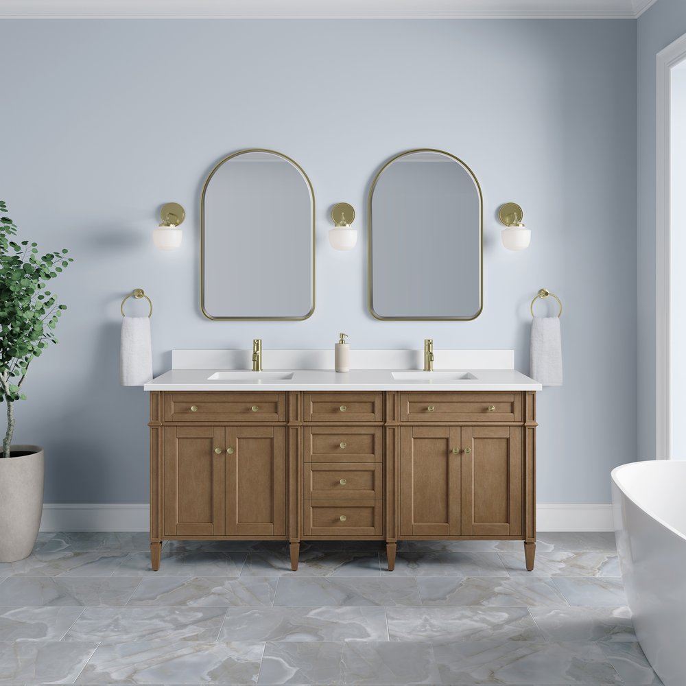 James Martin - Brittany 72" Double Vanity, Pecan w/ Single Hole 3 CM White Zeus Silestone Top and Matching Backsplash - 655-V72-PCN-1WZ view 3