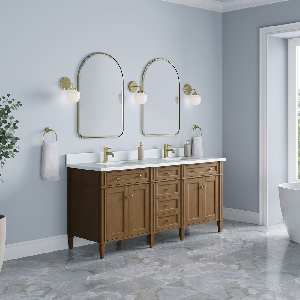 James Martin - Brittany 72" Double Vanity, Pecan w/ Single Hole 3 CM White Zeus Silestone Top and Matching Backsplash - 655-V72-PCN-1WZ view 4