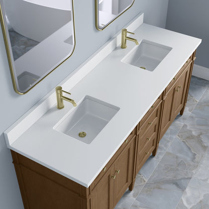 James Martin - Brittany 72" Double Vanity, Pecan w/ Single Hole 3 CM White Zeus Silestone Top and Matching Backsplash - 655-V72-PCN-1WZ view 7