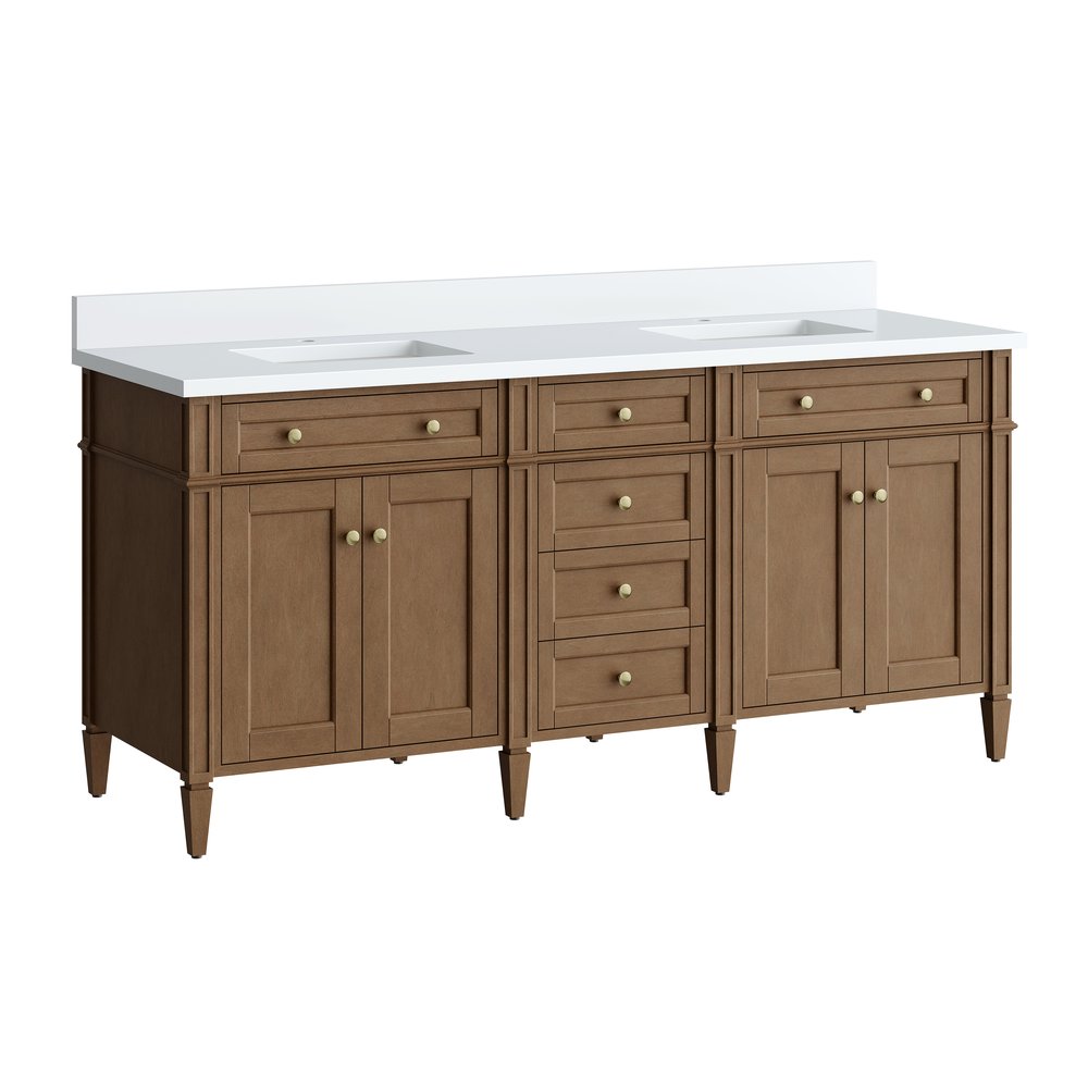 James Martin - Brittany 72" Double Vanity, Pecan w/ Single Hole 3 CM White Zeus Silestone Top and Matching Backsplash - 655-V72-PCN-1WZ view 10