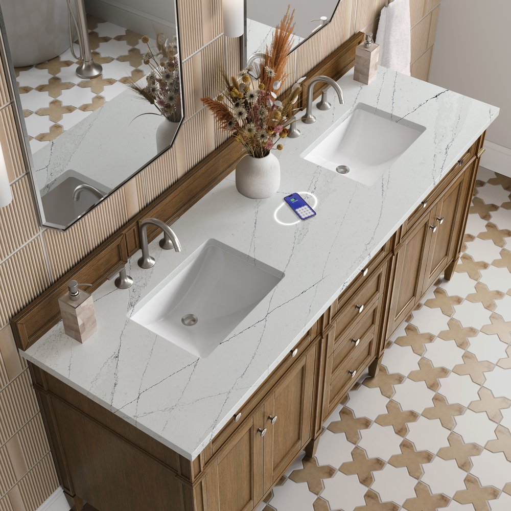 James Martin - Brittany 72" Double Vanity, Saddle Brown w/ 3 CM Ethereal Noctis Silestone Top w/FreePower Wireless Charger - 650-V72-SBR-FENC view 8