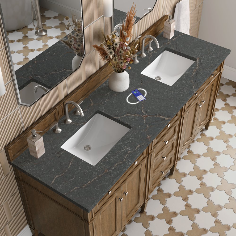 James Martin - Brittany 72" Double Vanity, Saddle Brown w/ 3 CM Parisien Bleu Silestone Top w/FreePower Wireless Charger - 650-V72-SBR-FPBL view 8