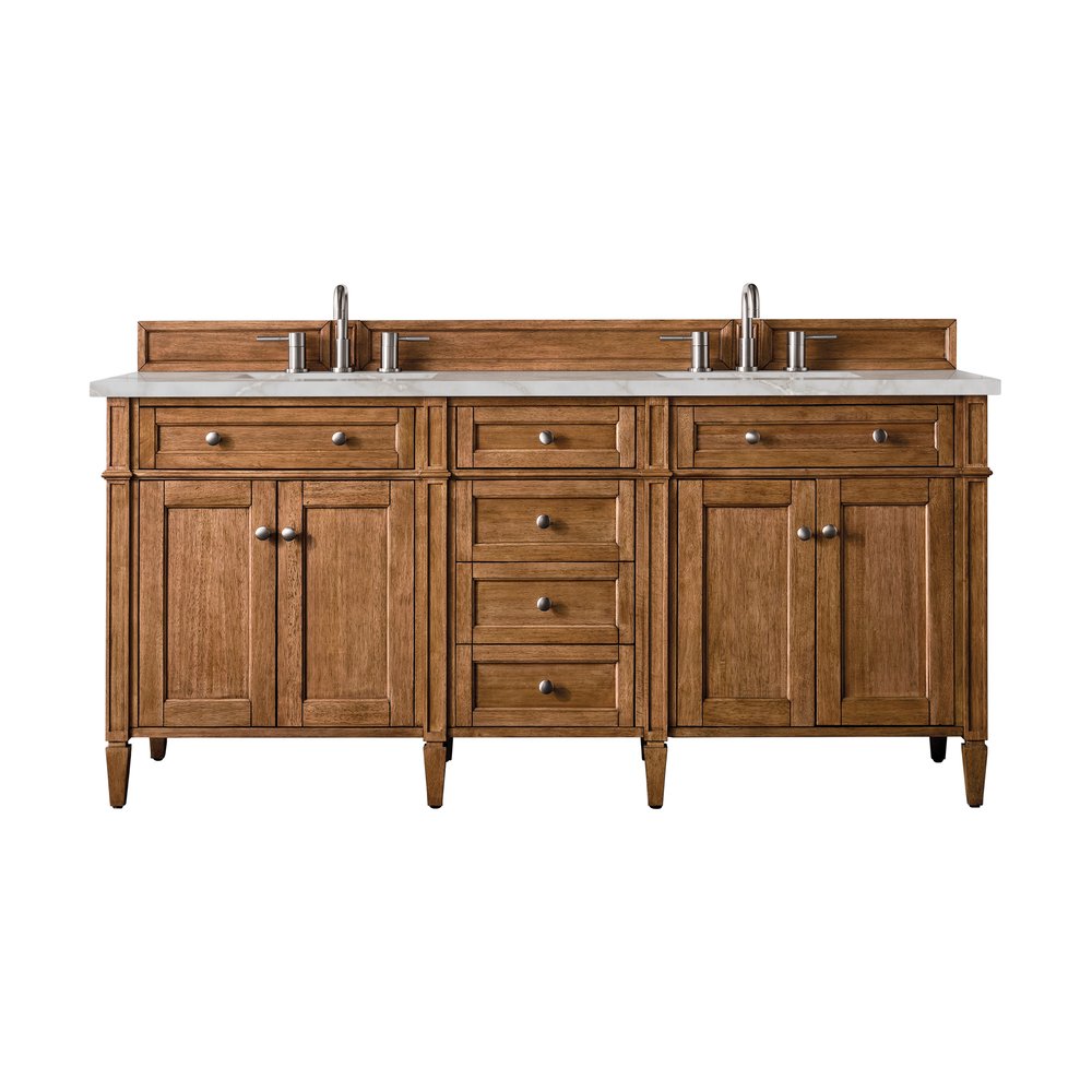 James Martin - Brittany 72" Double Vanity, Saddle Brown w/ 3 CM Victorian Silver Silestone Top w/FreePower Wireless Charger - 650-V72-SBR-FVSL view 1